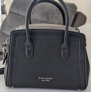 KATE SPADE NEW Black Pebbled Leather Satchel with Gold Logo Accent